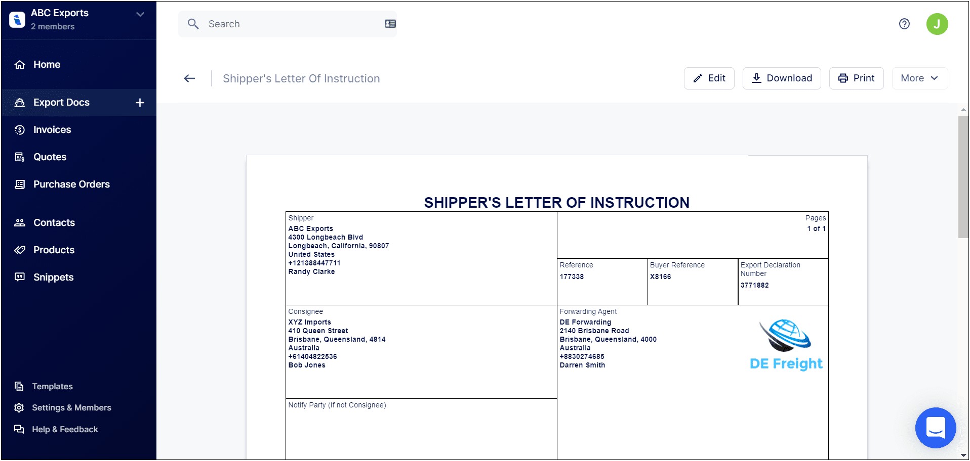 Shipper's Letter Of Instruction Template
