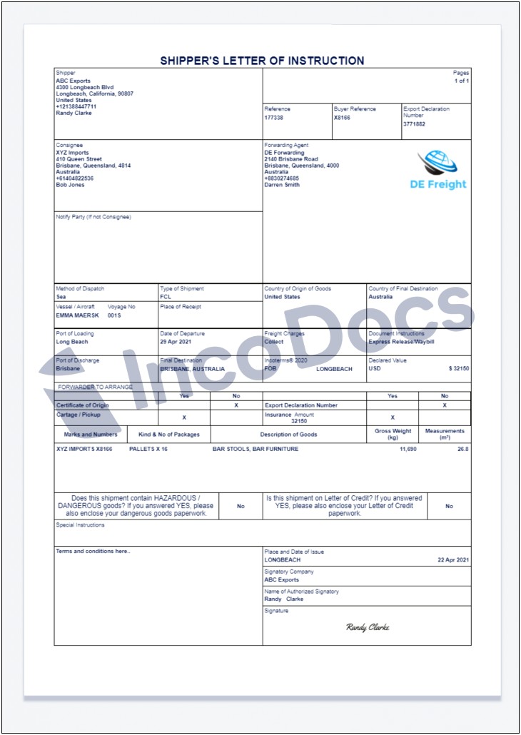 Shipper's Letter Of Instructions Template