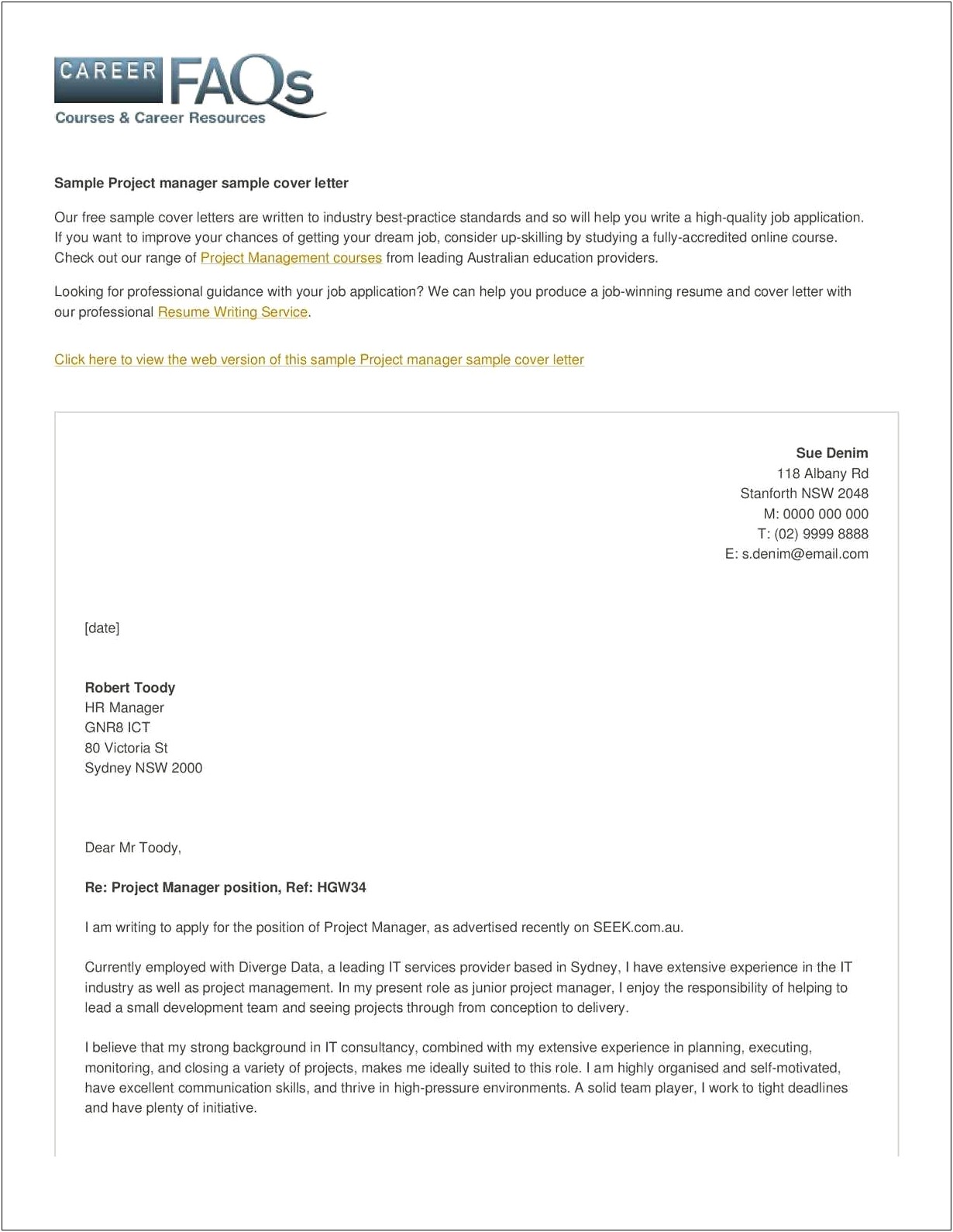 Short Project Manager Cover Letter Template