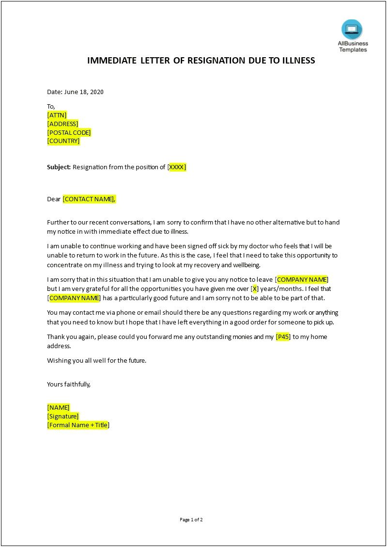 Short Resignation Letter Effective Immediately Template