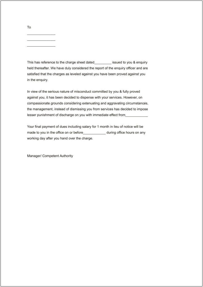 Short Service Dismissal Letter Template Uk