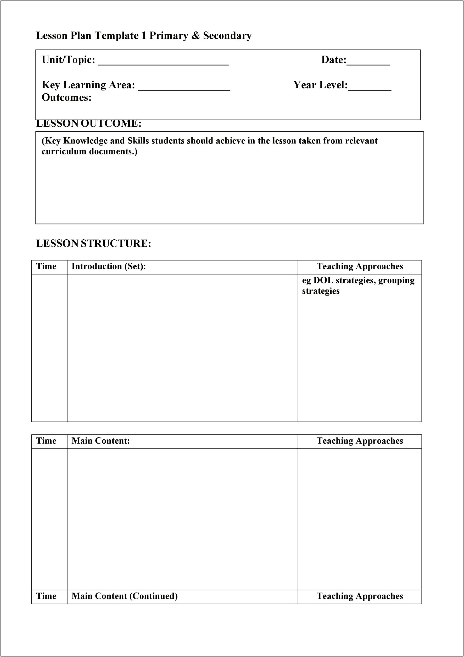 Short Term Planning Template For Teachers