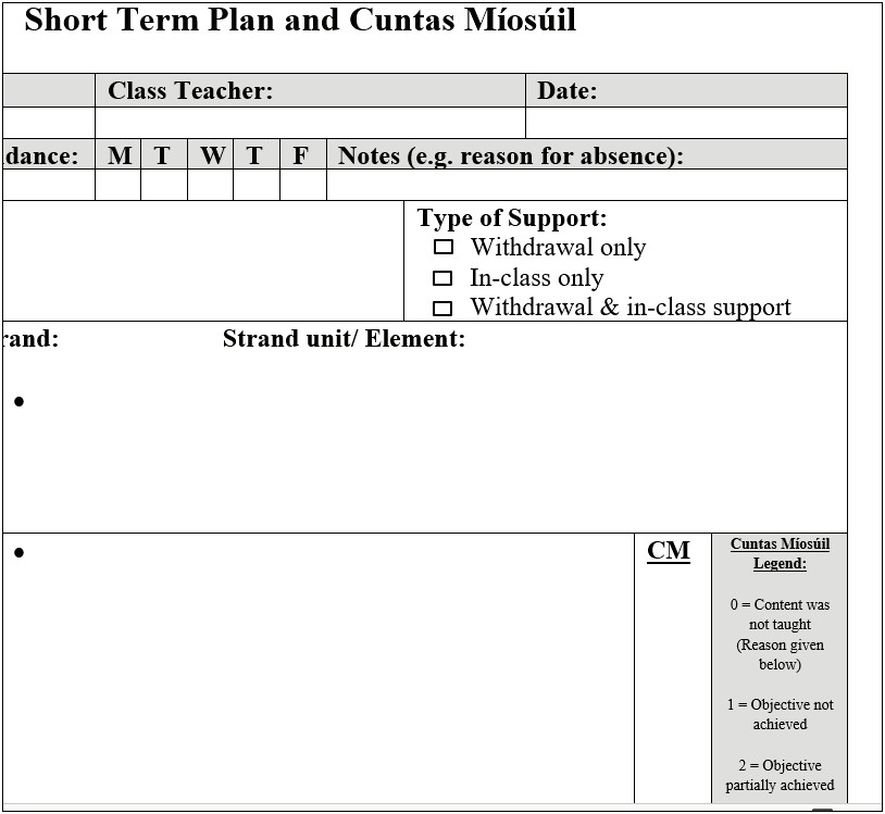 Short Term Planning Template Learning Support