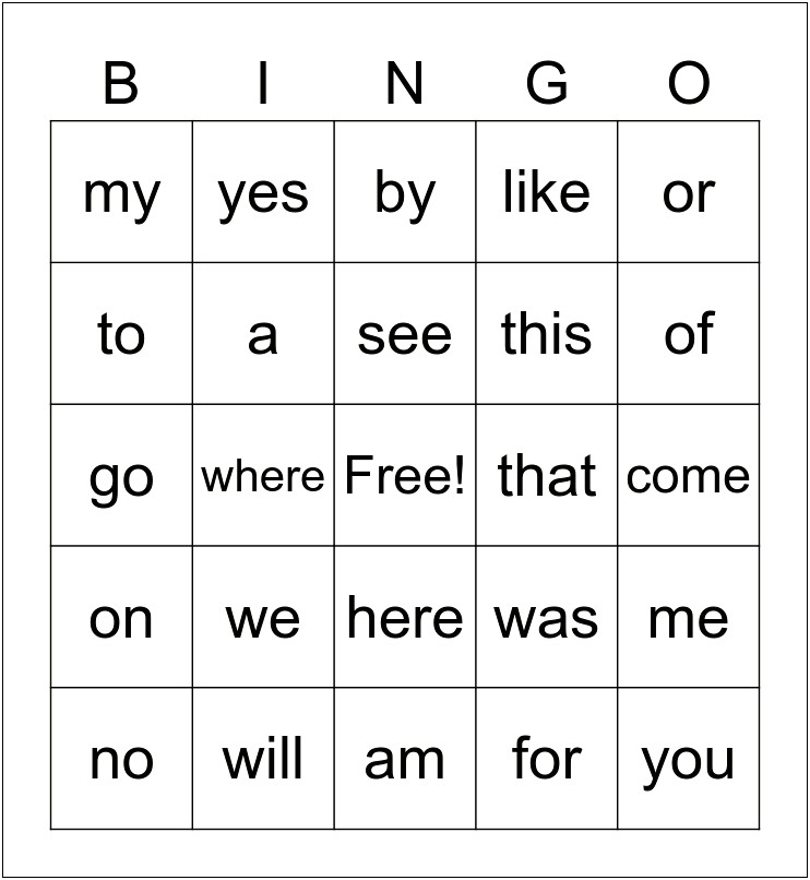 Sight Word Bingo Template For Kindergarten