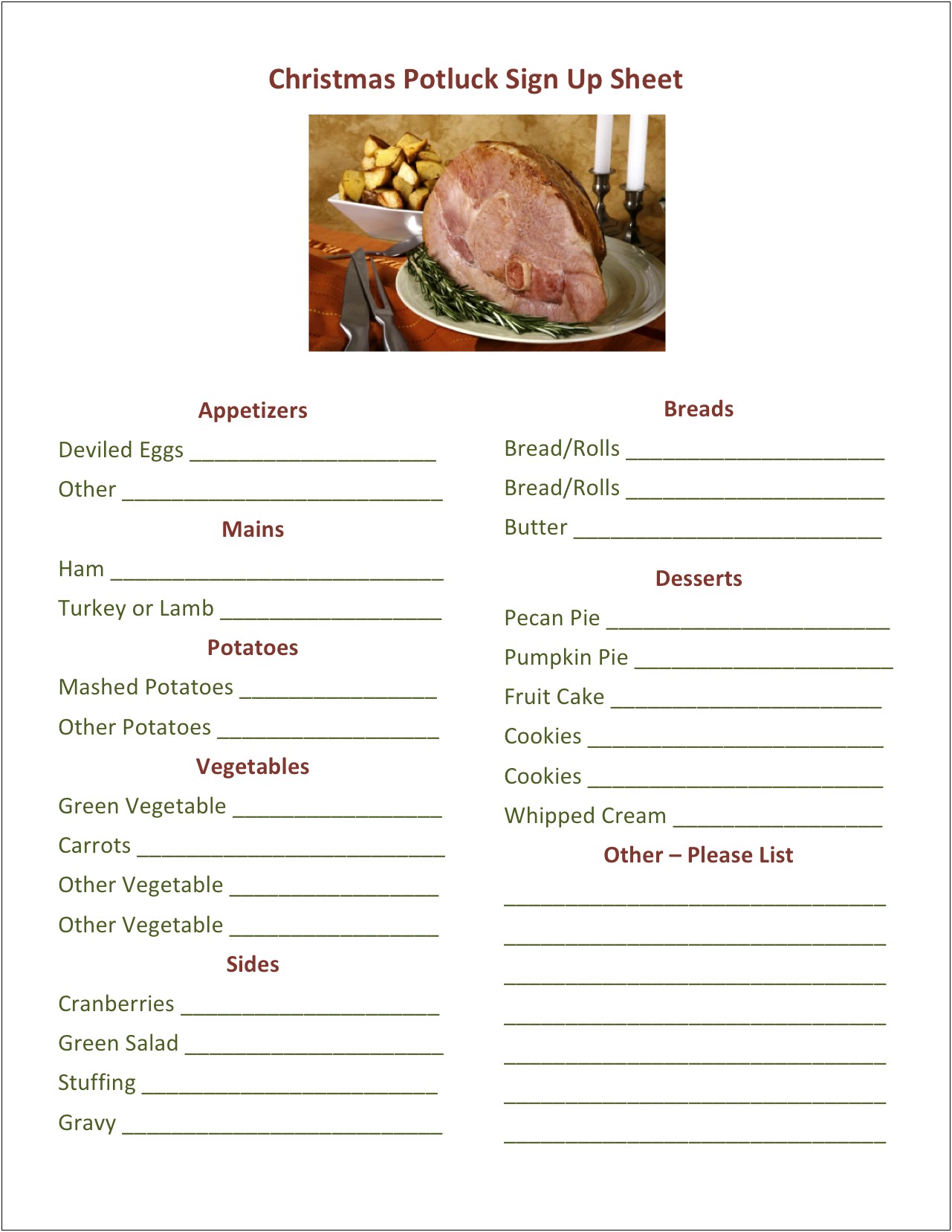 Sign Up Sheet Christmas Potluck Template Word