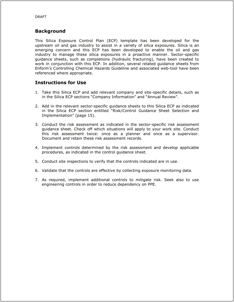 Silica Written Exposure Control Plan Ecp Template