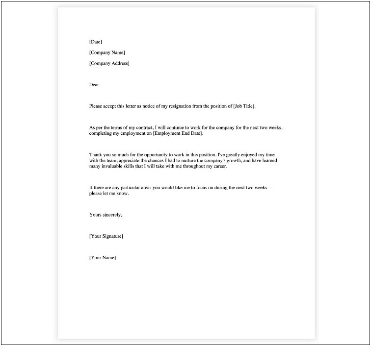 Simple 2 Week Resignation Letter Template