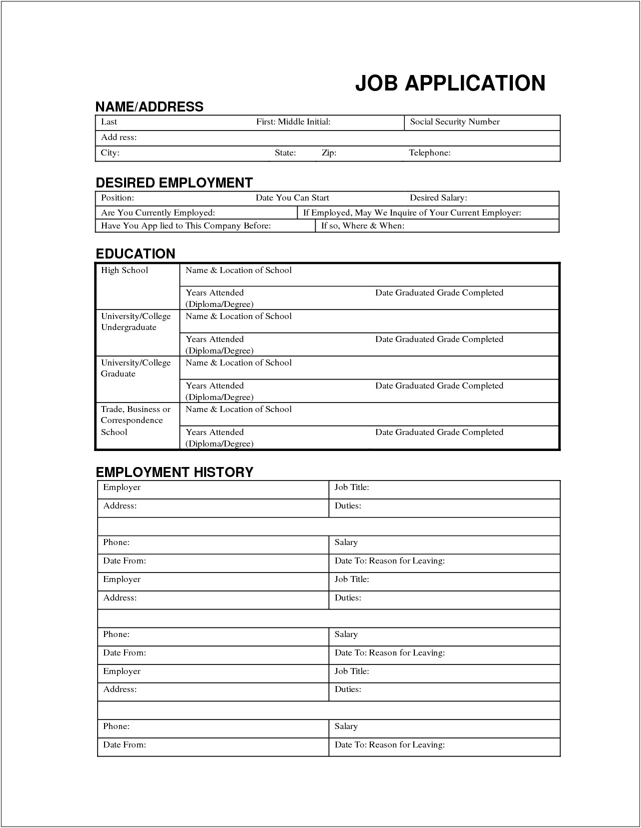 Simple Employment Application Template Template Word
