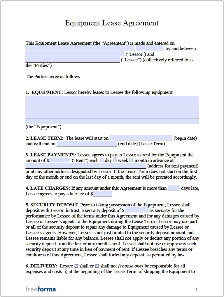 Simple Equipment Lease Agreement Template Word