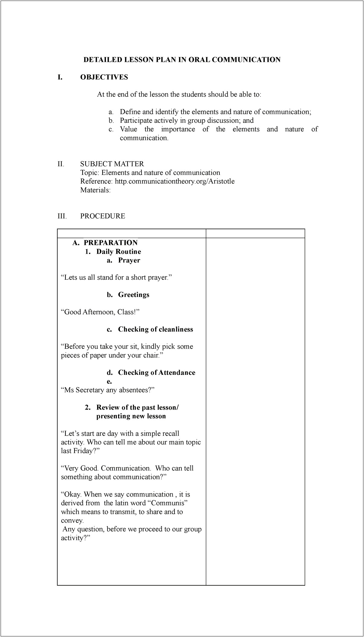 Simple Lesson Plan Template For Oral English