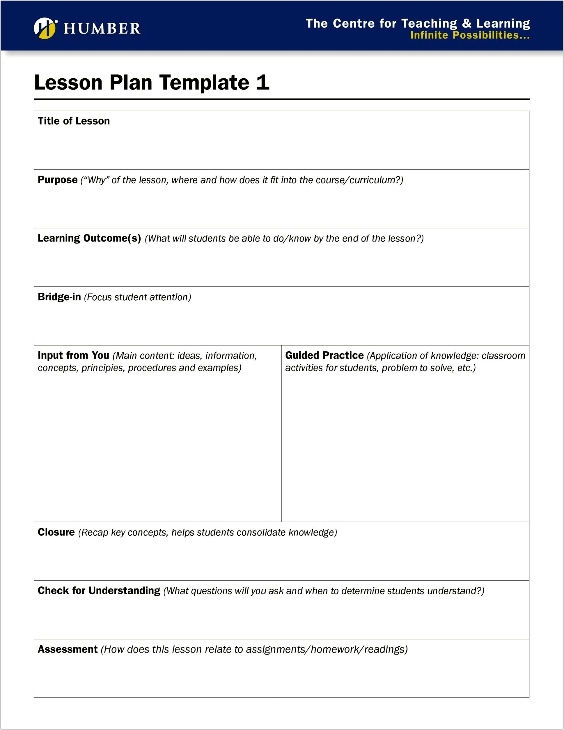 Simple Lesson Plan Template U Of S