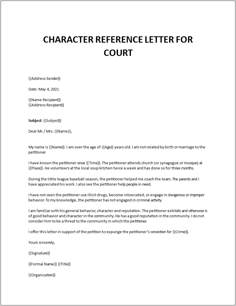 Simple Letter Of Recommendation For Court Template