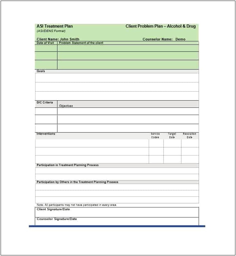 Simple Mental Health Treatment Plan Template