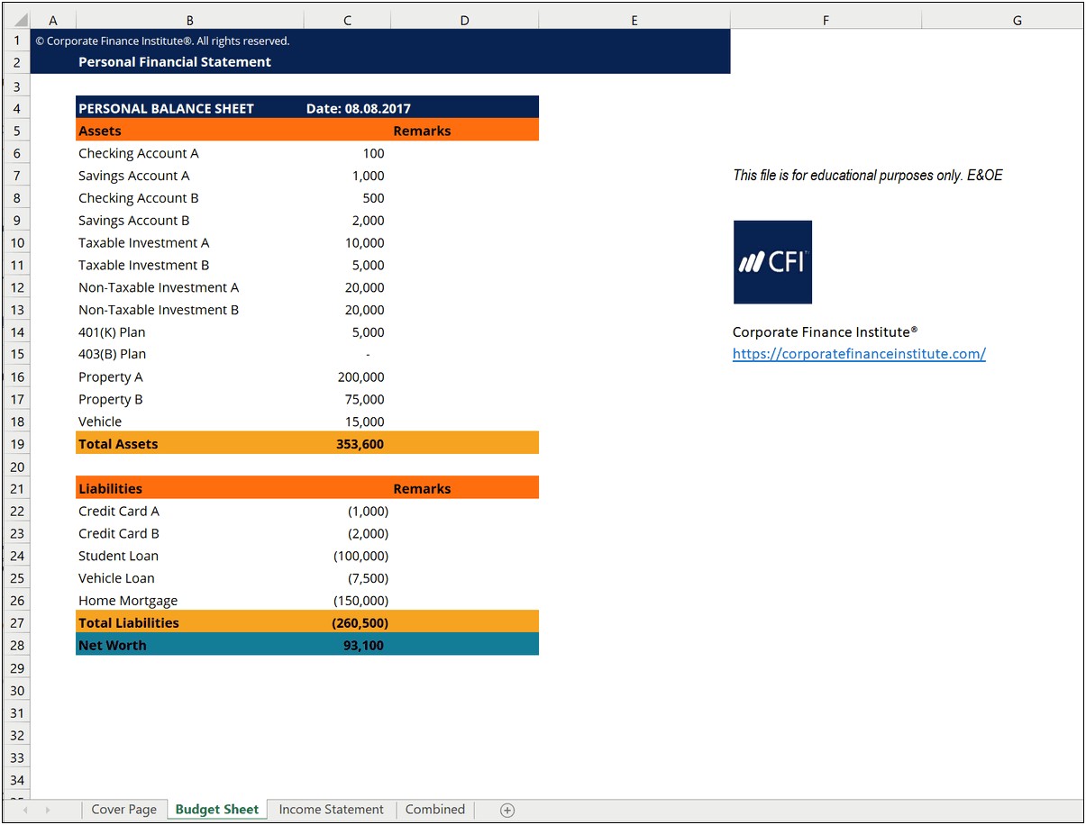 Simple Personal Financial Planning Template India