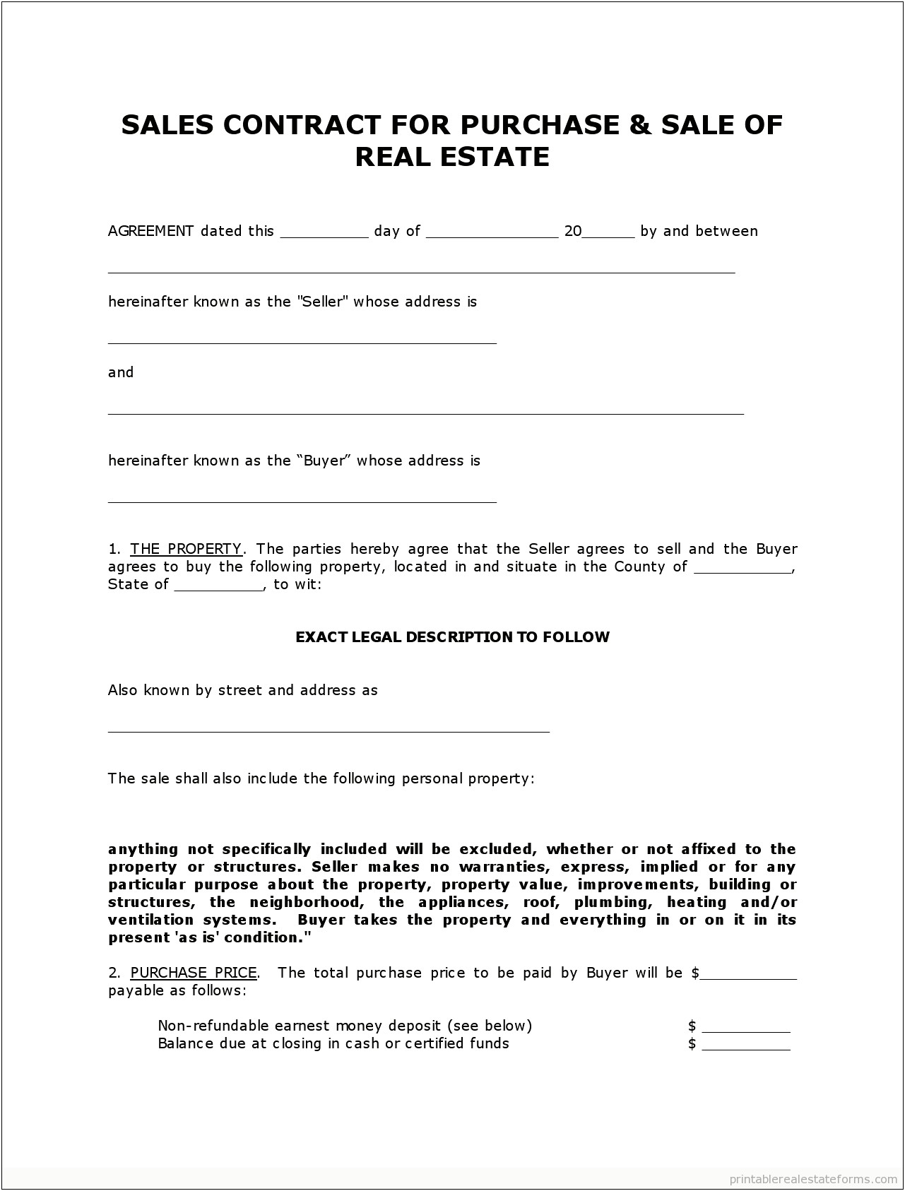 Simple Purchase Agreement Template Word Printable
