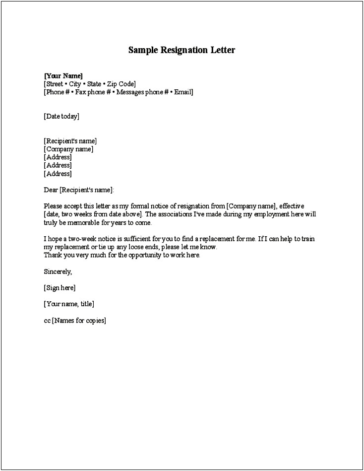 Simple Resignation Letter Template 1 Month Notice