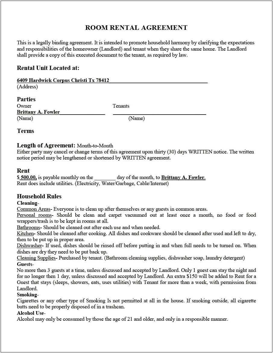 Simple Room Rental Agreement Template Word