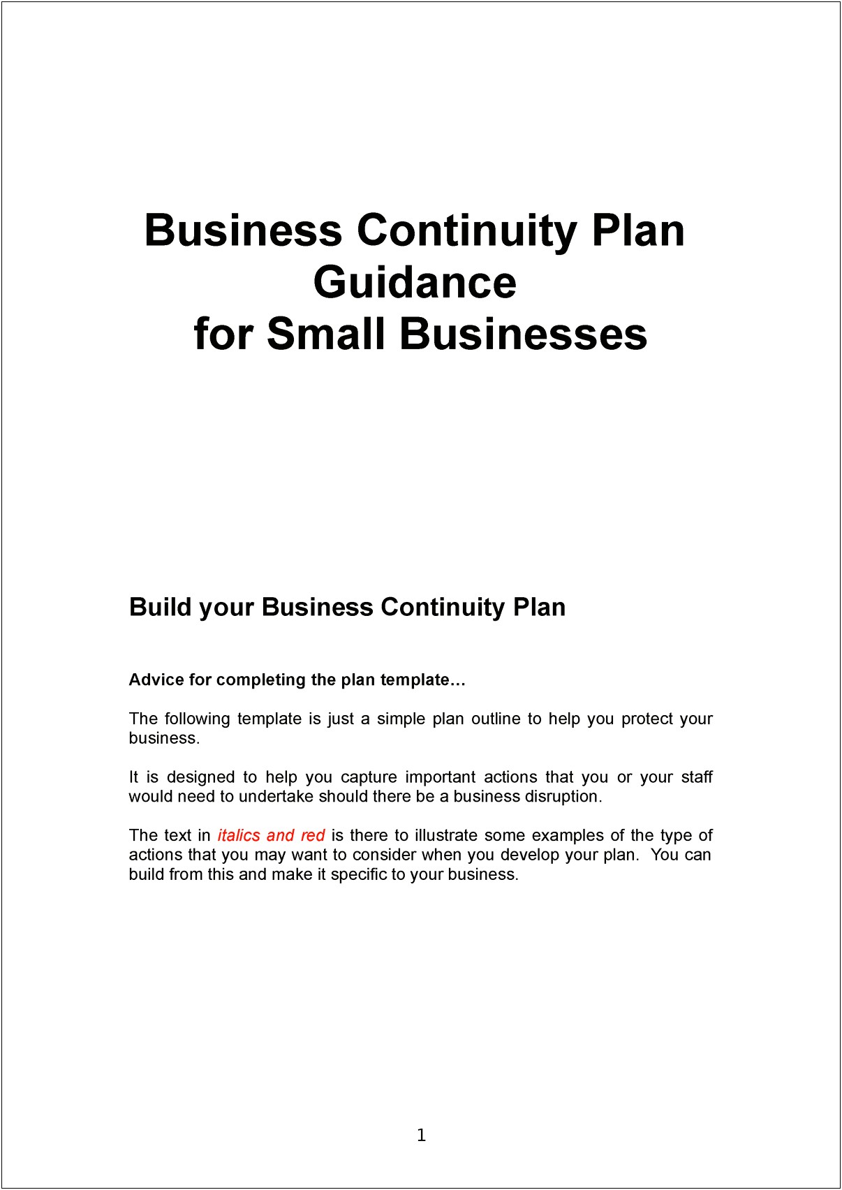 Simple Small Business Continuity Plan Template