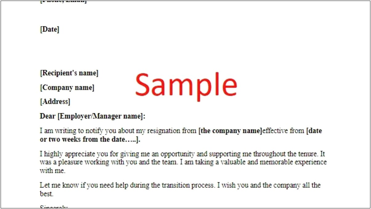 Simple Two Week Notice Letter Template