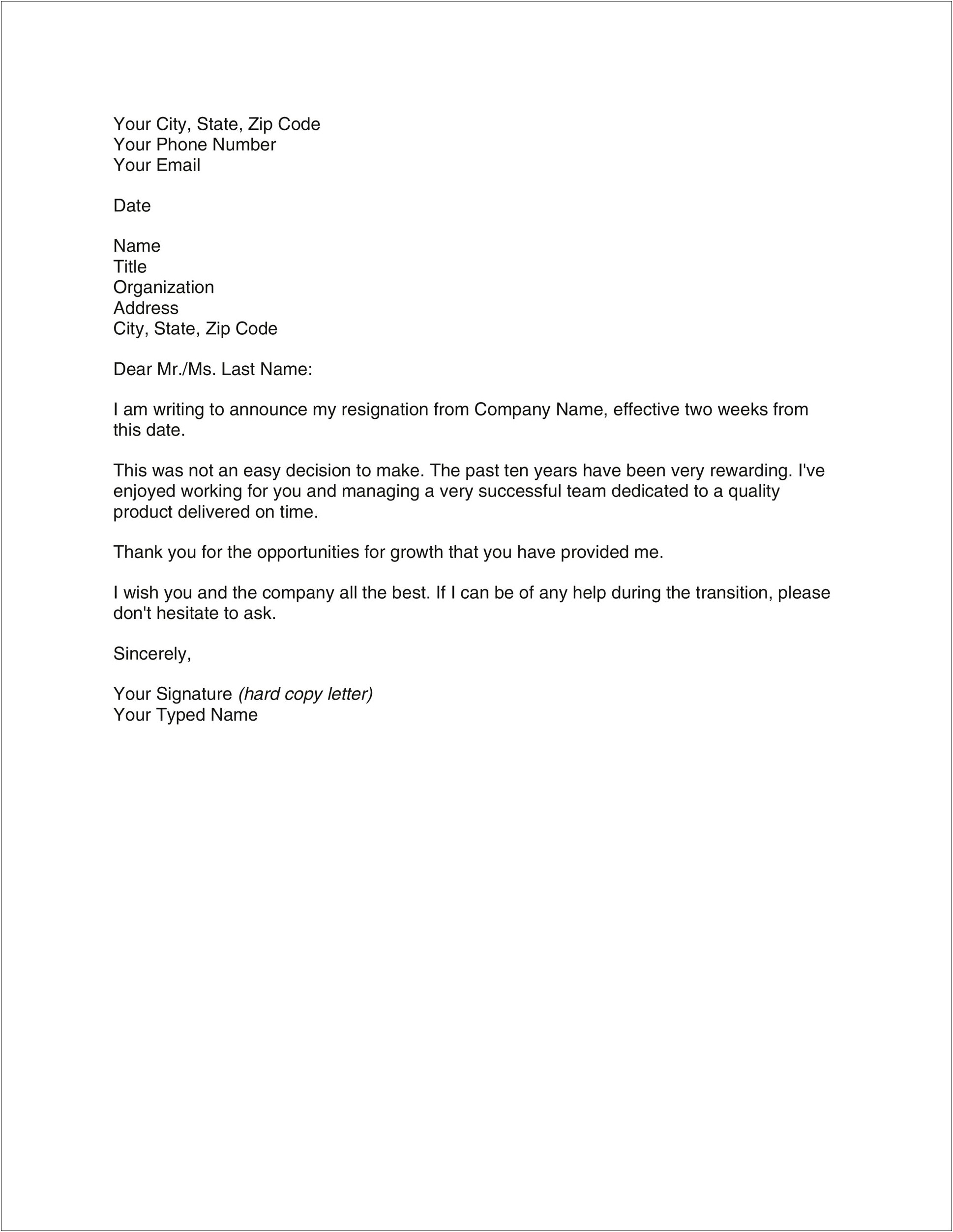 Simple Two Weeks Notice Resignation Letter Template