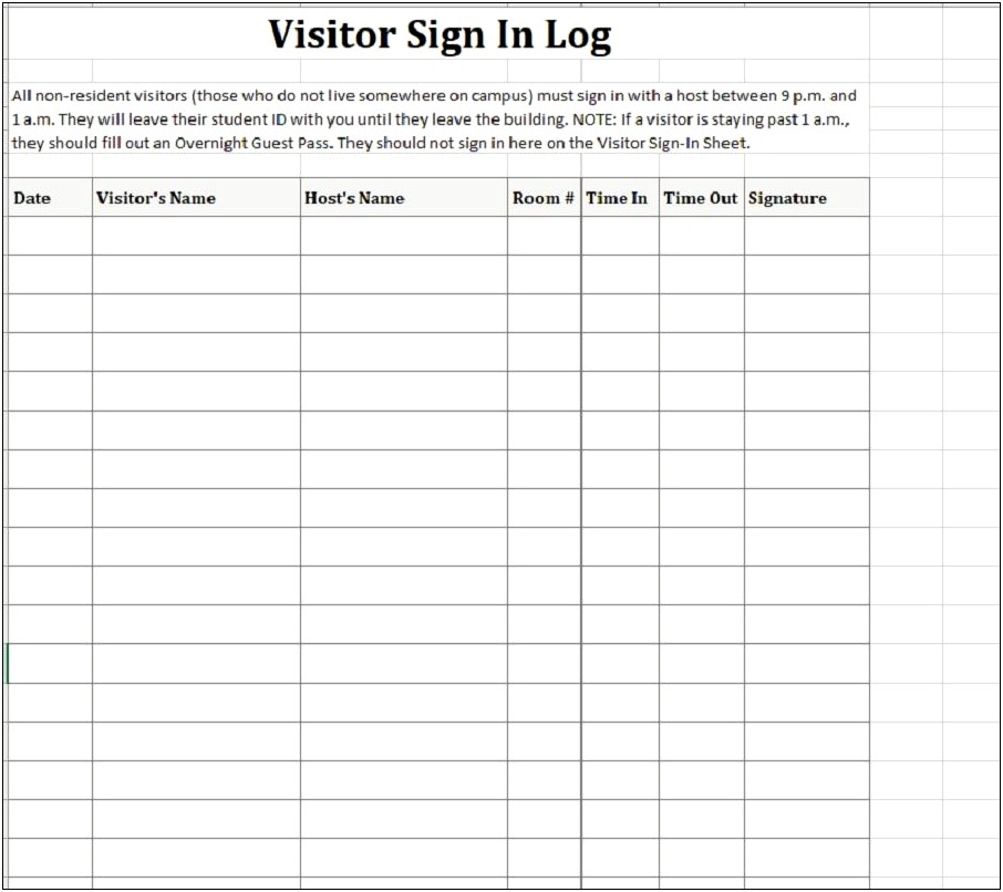 Simple Visitor Sign In Sheet Template Word