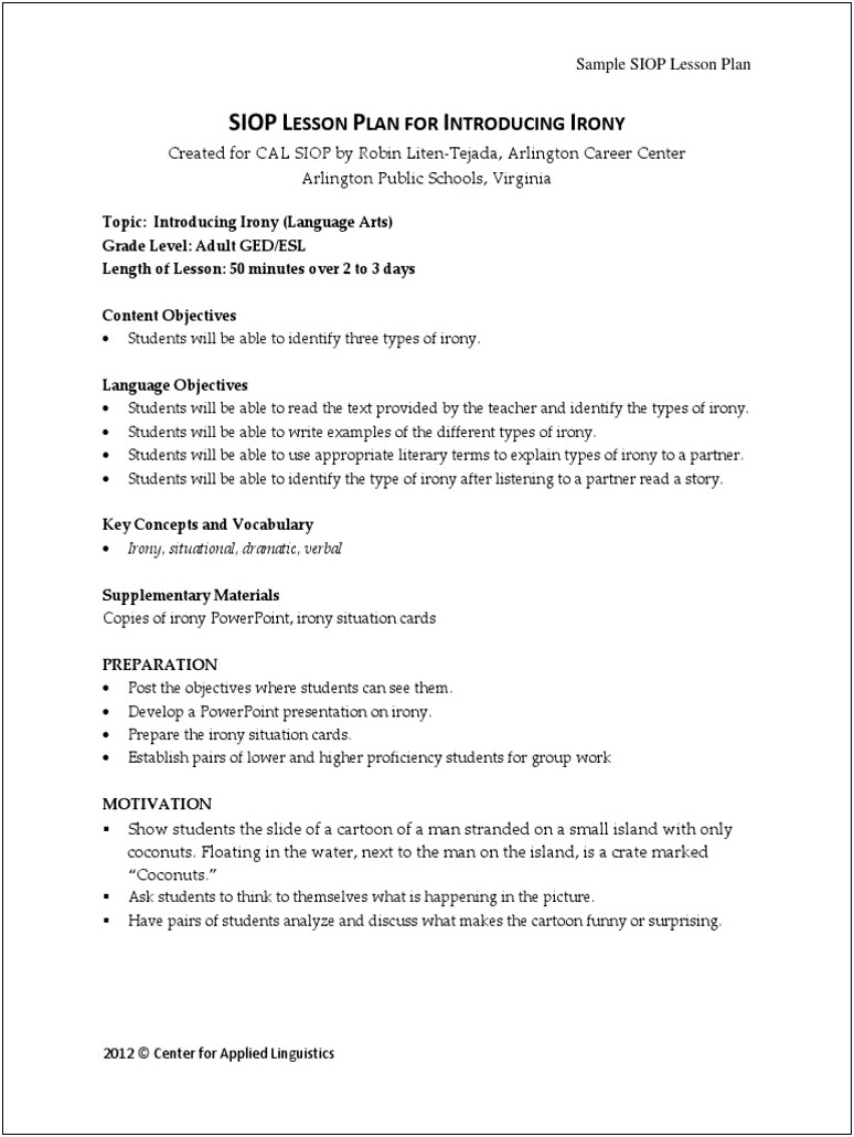 Siop Lesson Plan Template 1 Example