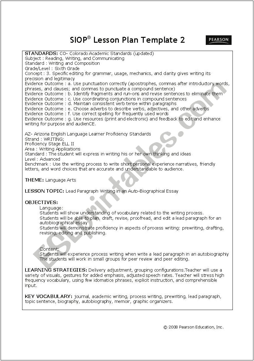 Siop Lesson Plan Template 2 Example