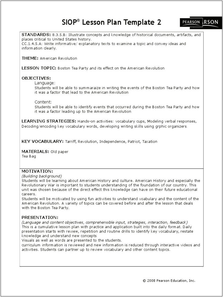 Siop Lesson Plan Template 2 Pearson