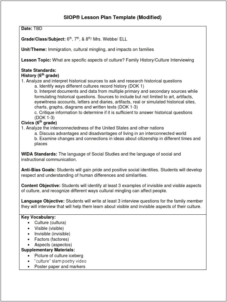 Siop Lesson Plan Template 3 Example