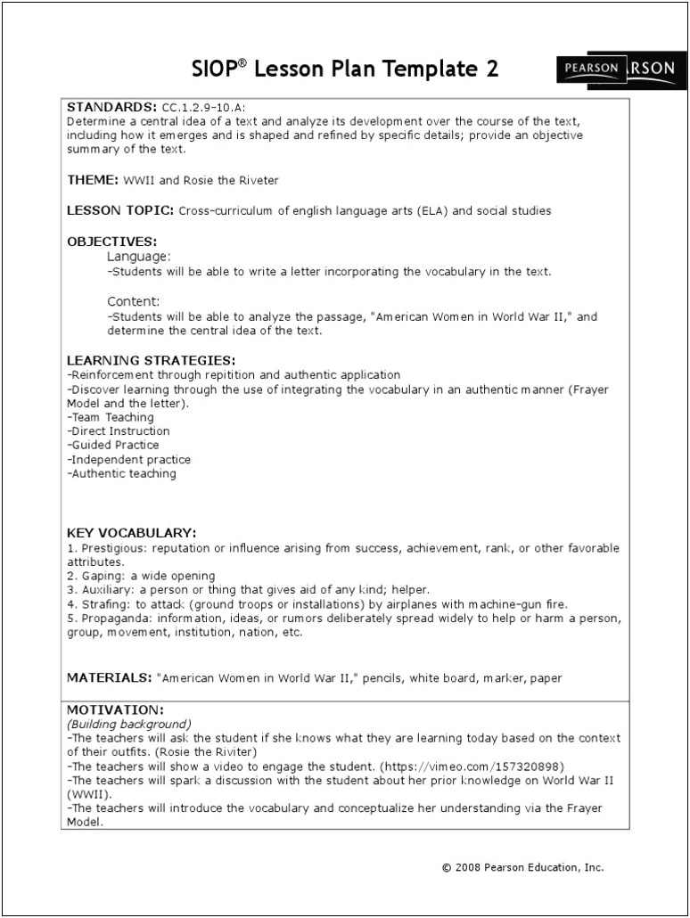 Siop Lesson Plan Template 3 Pearson