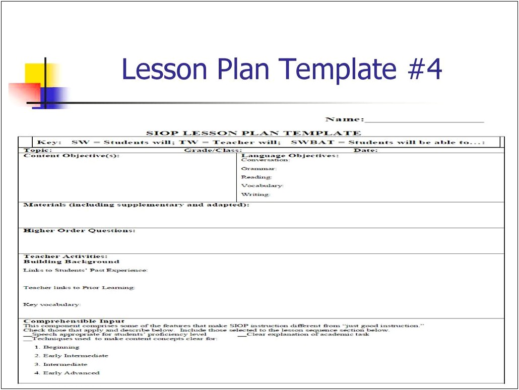 Siop Lesson Plan Template 4 Google Doc