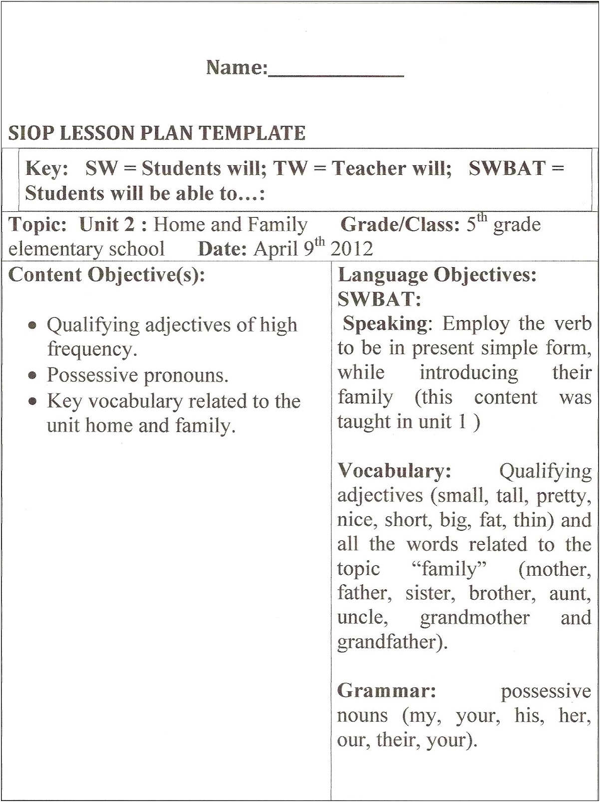 Siop Lesson Plan Template For Adults