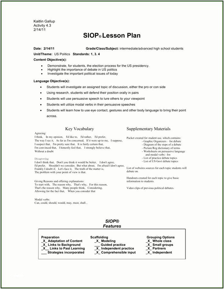 Siop Lesson Plan Template Ms Word