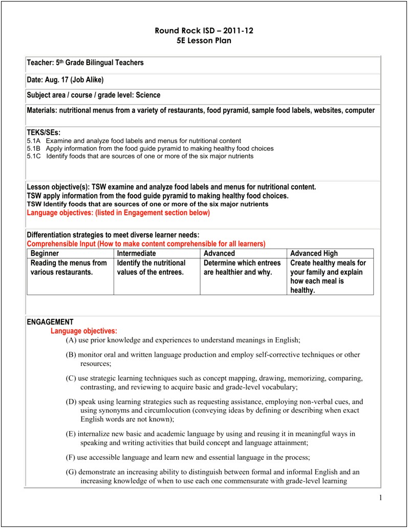 Siop Lesson Plan Template With Strategies