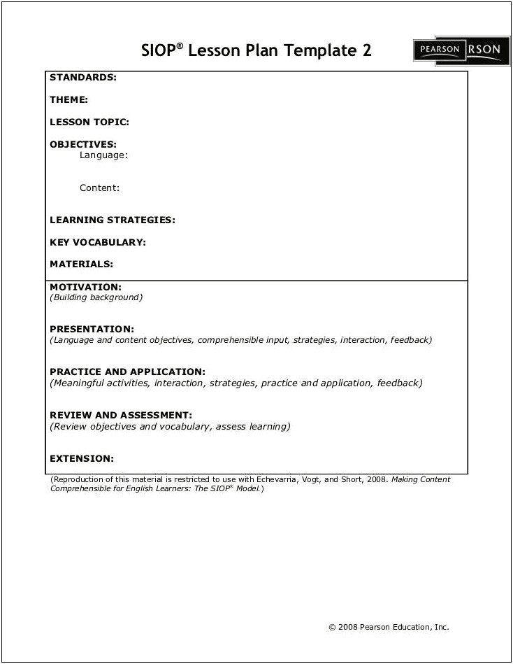 Siop Lesspn Plan Template 1 Echevarria