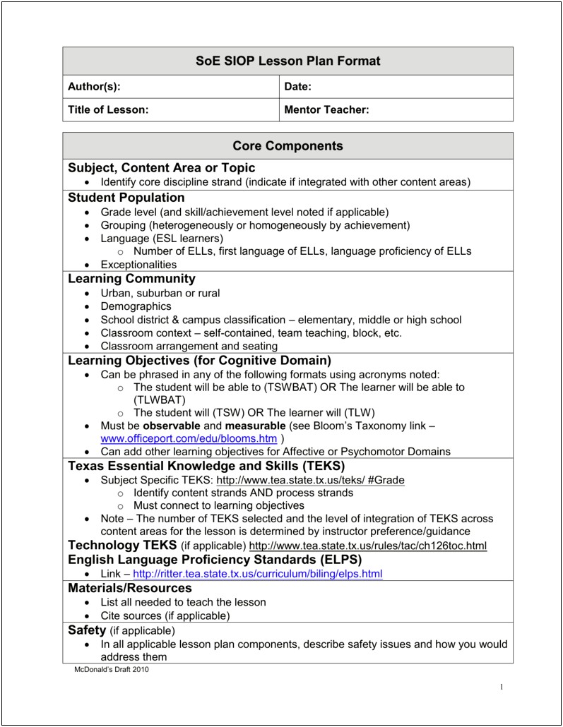 Siop Model Lesson Plan Template 3