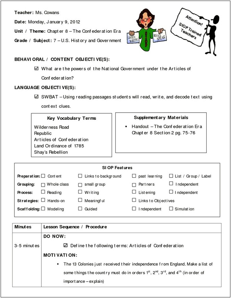 Siop Model Lesson Plan Template 4