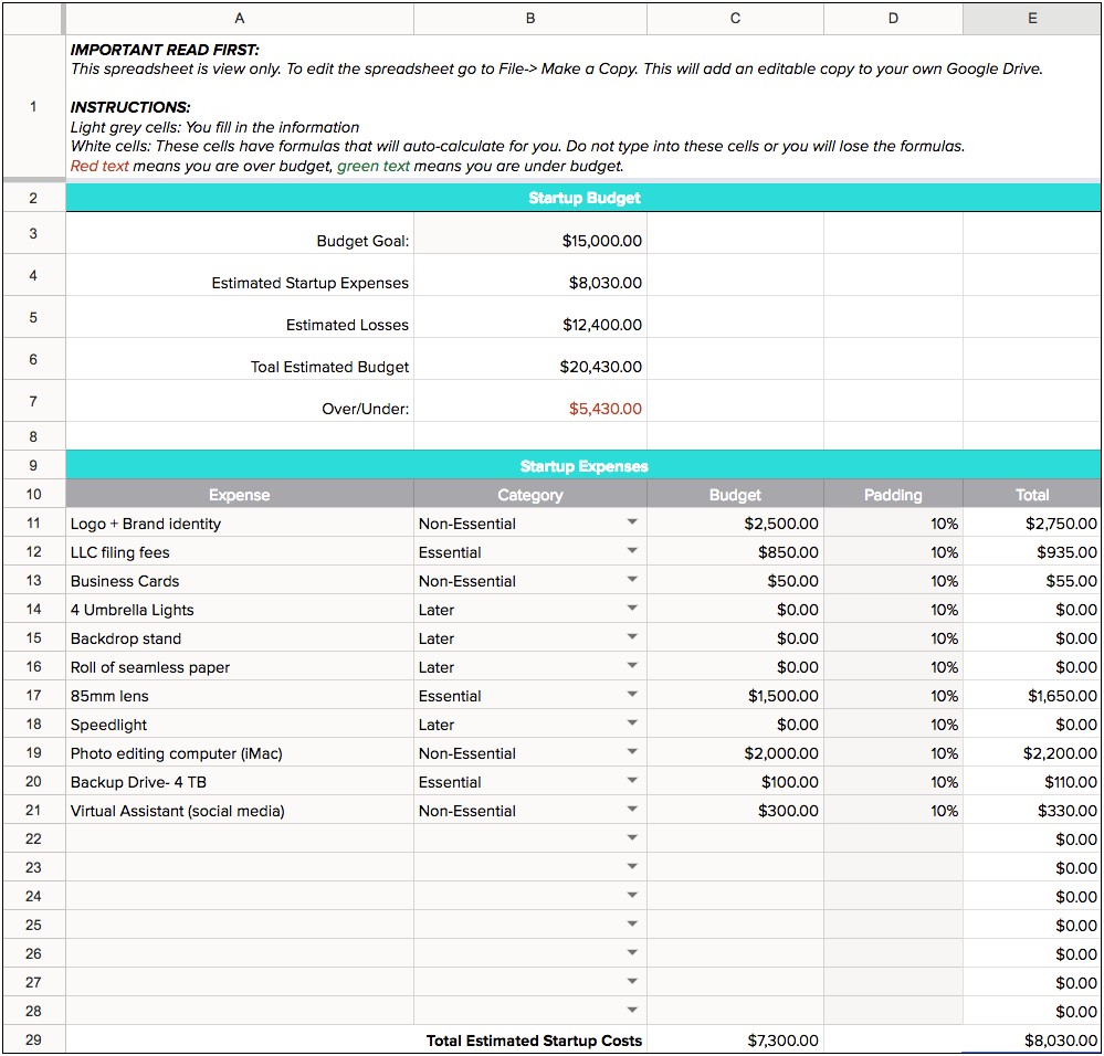 Small Business Business Plan Expense Template