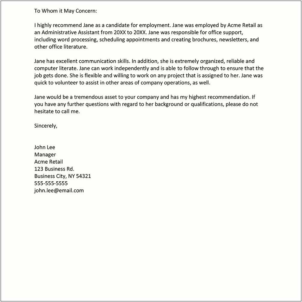 Small Letter Of Recommendation Template Word