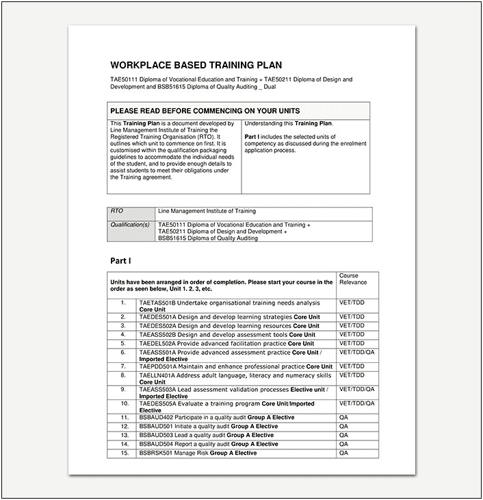 Smart And Skilled Training Plan Template