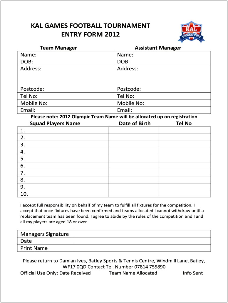 Soccer Team Registration Form Template Word