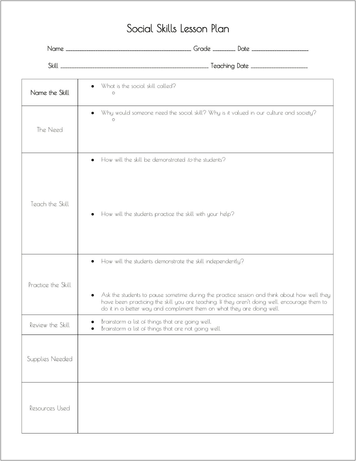 Social Emotional Learning Lesson Plan Template