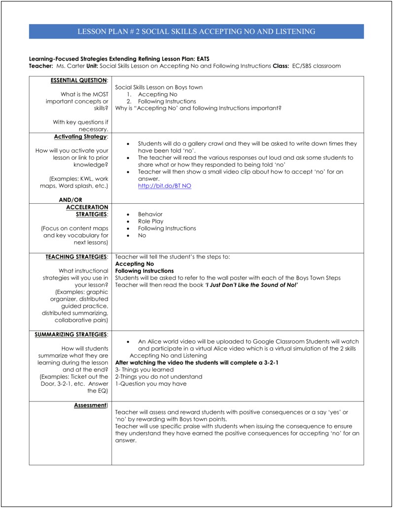 Social Skills Instruction Lesson Plan Template