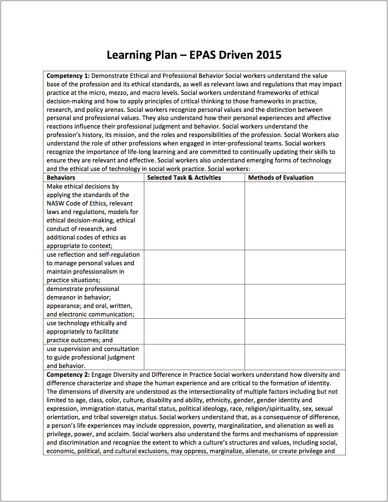 Social Worker Learning Plan Word Template