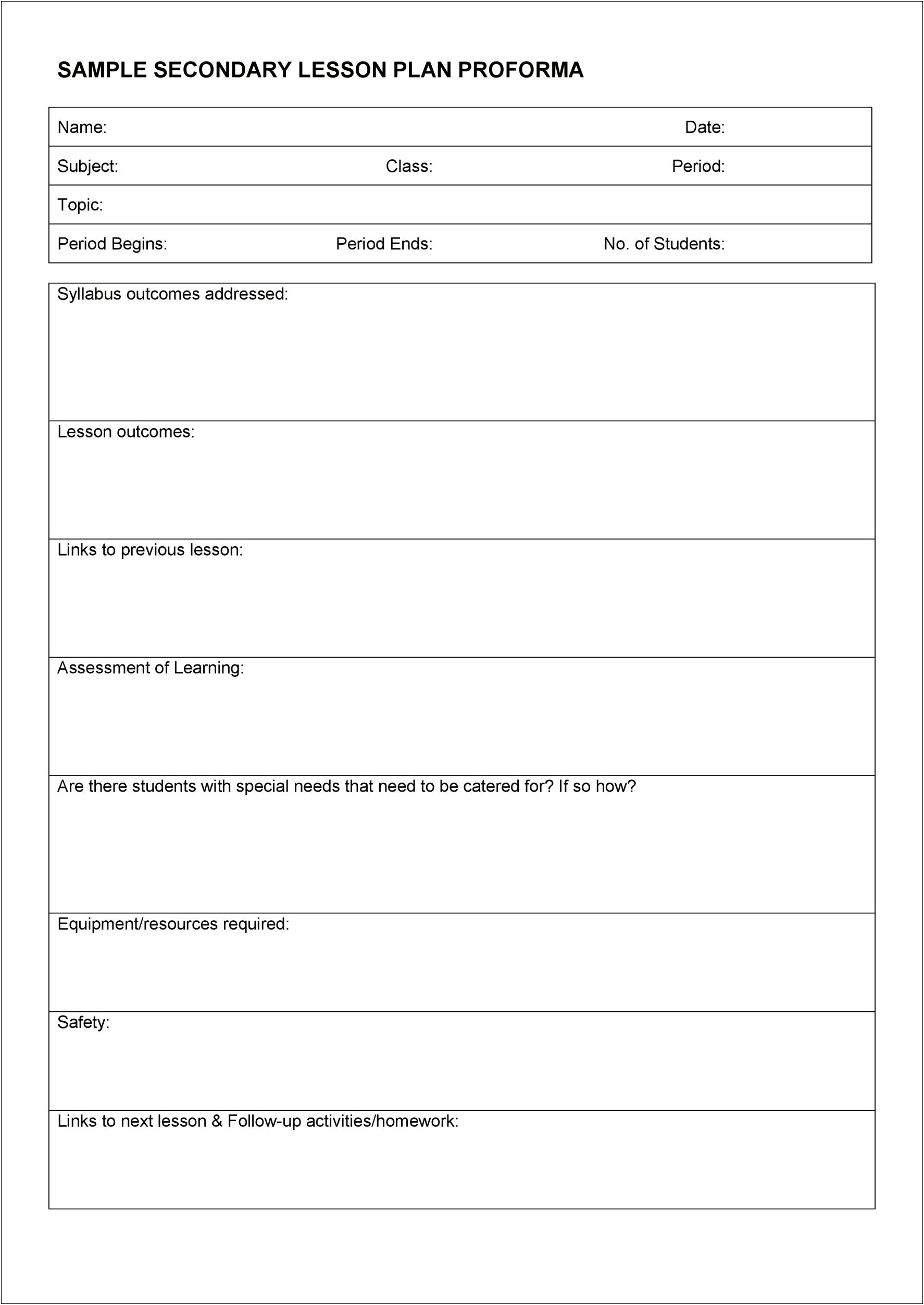 Special Ed Resource Lesson Plan Template