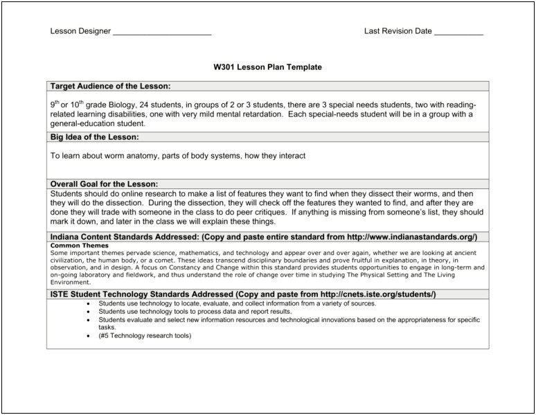 Special Education Early Childhood Lesson Plan Template