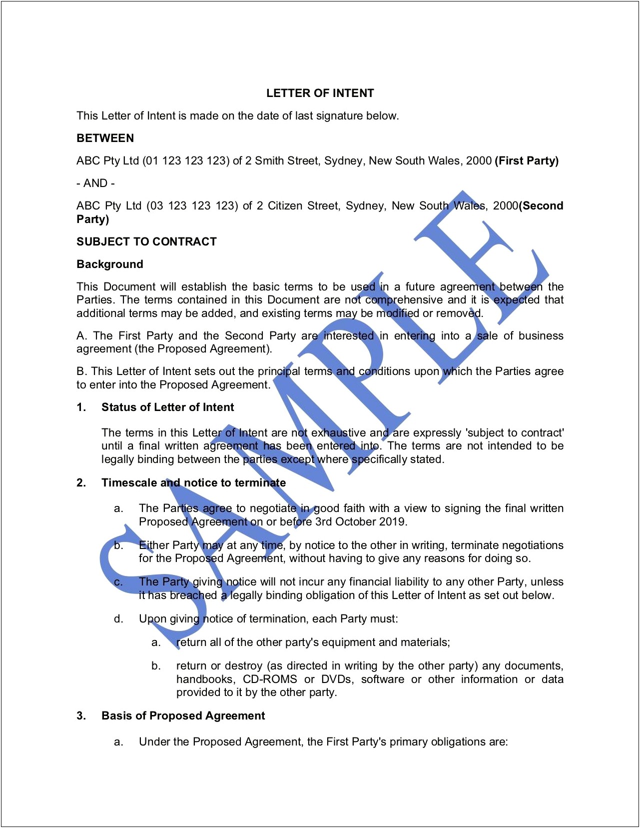 Specific Performance Letter Of Intent Template