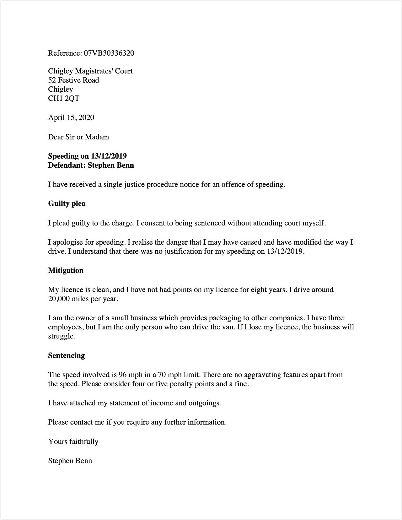 Speeding Fine Official Warning Letter Template