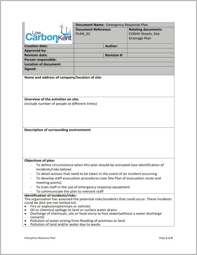 Spill Prevention And Response Plan Template