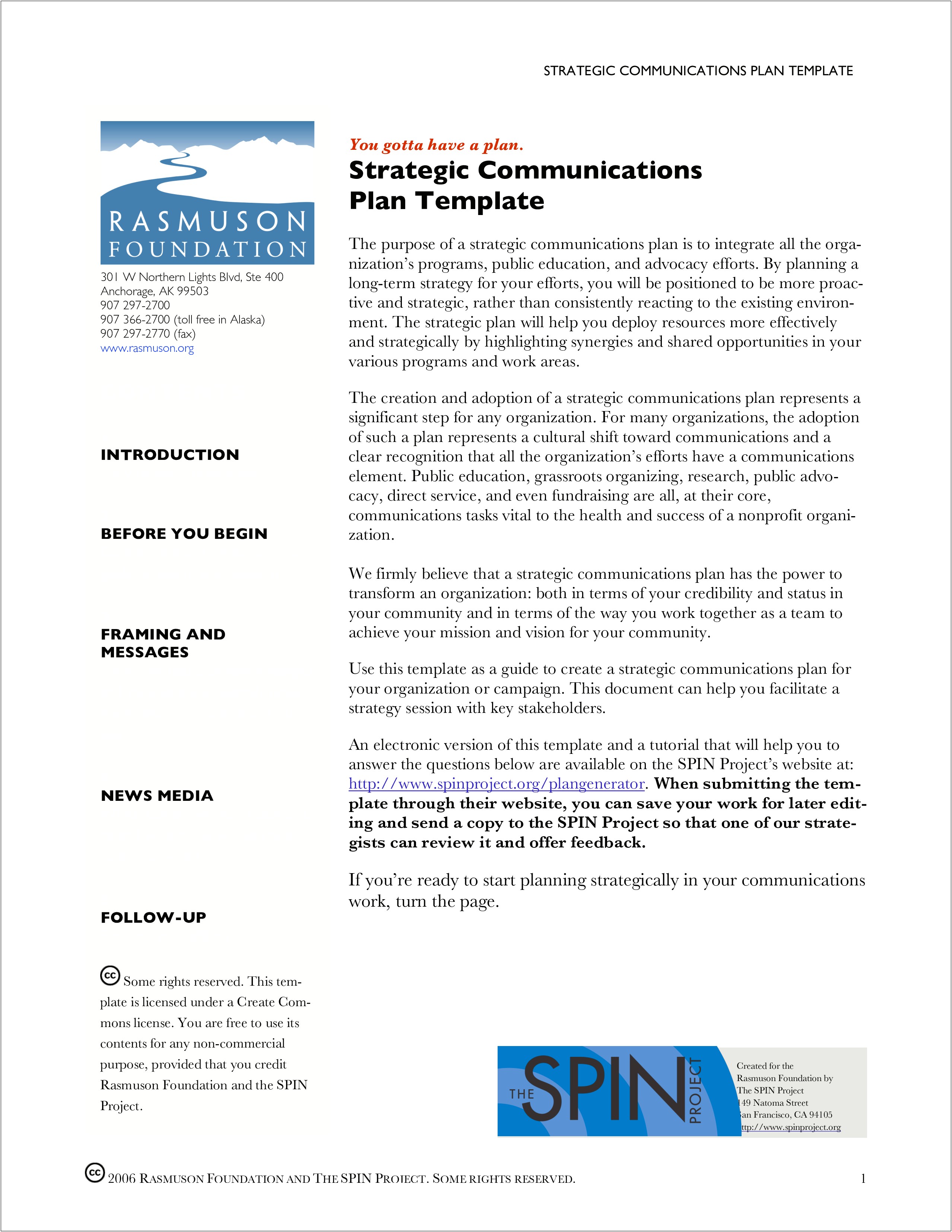 Spin Project Strategic Communications Plan Template